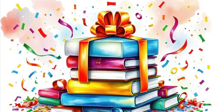 A stack of books with a bow on top of them Book Giving Day