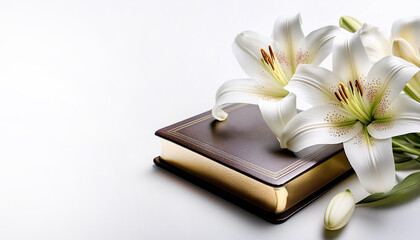 White Easter Lillies on a Leather Bible Isolated on a White Background