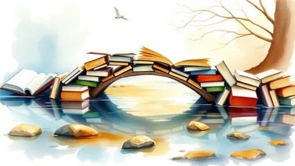 A painting of a bridge made out of books over a body of water Book Giving Day