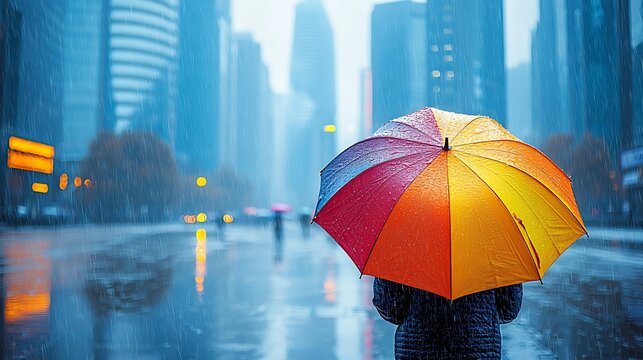 Person with colorful umbrella standing in rainy city street.