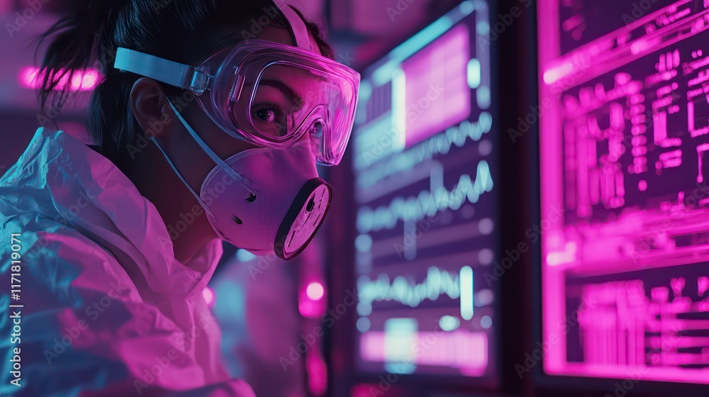 Leinwandbilder female scientist in protective gear monitors data on computer screens in a lab.
