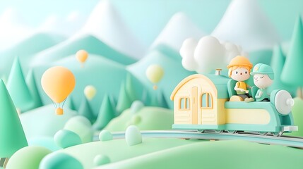 cute kids train ride, cartoon landscape - pastel color palettes