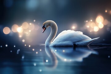 Swan gracefully floating on a serene lake with glowing bokeh lights. peace and beauty concepts