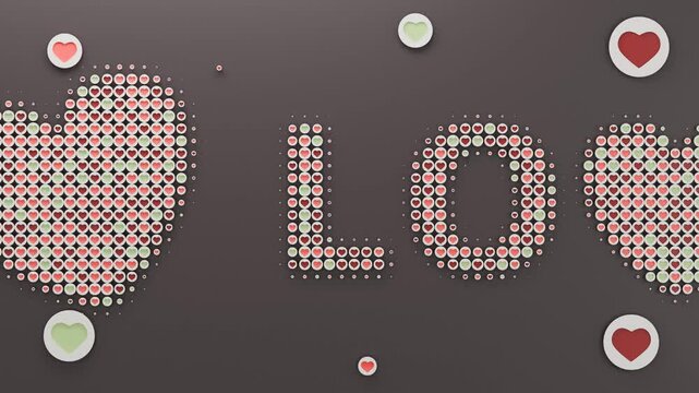 Looping 3d animation of a running line, Love text and love - heart symbols. The text and the heart consist of many colorful little hearts that decrease and increase. Animation for Valentine's Day