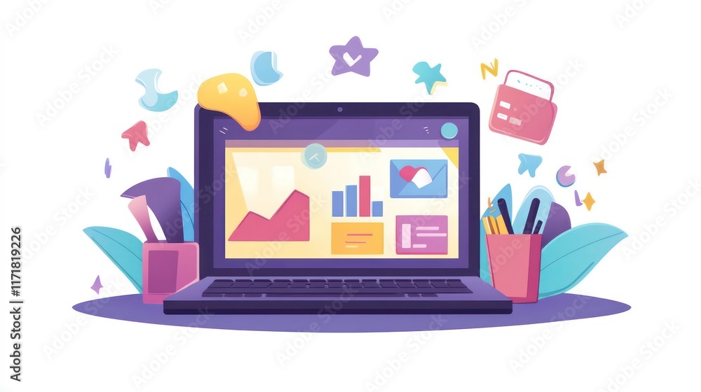 Aufkleber laptop displaying graphs, charts, and icons surrounded by stationery and decorative elements.