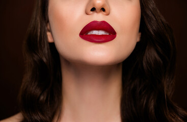 Close up photo of stunning attractive lady apply red color pomade isolated on brown background