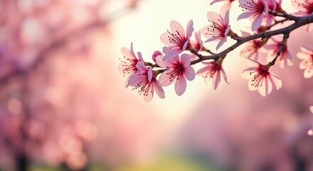 Fototapeta premium Beautiful spring blossoms of pink flowers. Springtime scene of blossoming tree branches. Soft pink hues with natural light. Gentle backlit beauty. Close-up view. Springtime nature. Blooming flowers.