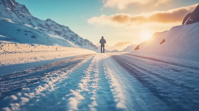 Solitary figure walking on a snow-covered road during a scenic sunset in a mountainous region.