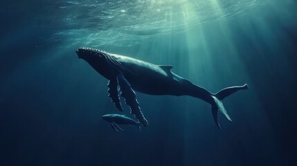 Fototapeta premium Humpback whale and calf swim in sunlit ocean. generative ai