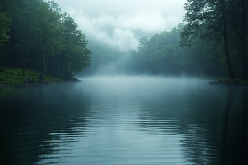 Serene Foggy Lake Enveloped by Lush Green Trees