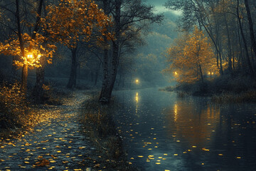 Obraz premium Autumnal Pathway Beside A Calm River With Lanterns