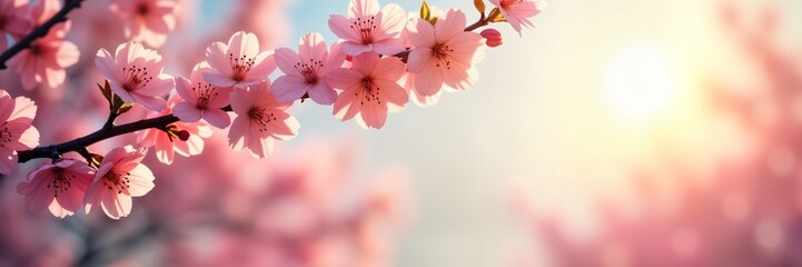 Obraz premium Blooming pink flowers on tree branches in spring. Beautiful blossoms in sunlight. Springtime nature scene with soft colors. Picture suitable for spring backgrounds, nature themes. Perfect for