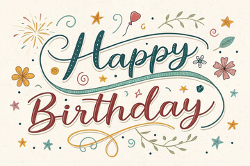 Happy Birthday hand-lettered design with floral elements and fireworks.