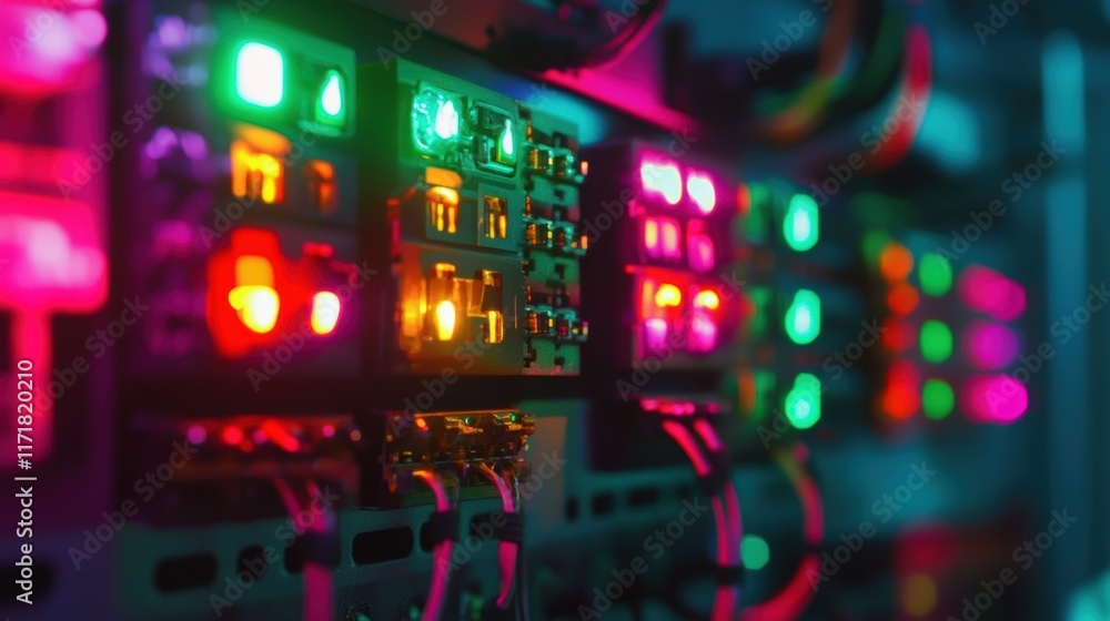 Poster close up of server racks with blinking led lights in a data center, representing internet connectivi