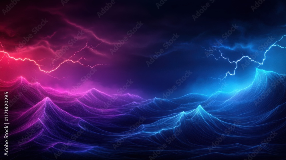 Poster vibrant abstract representation of stormy waves with neon colors and lightning in a dark atmospheric