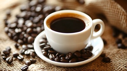 Fototapeta premium Aromatic cup of coffee with roasted beans.