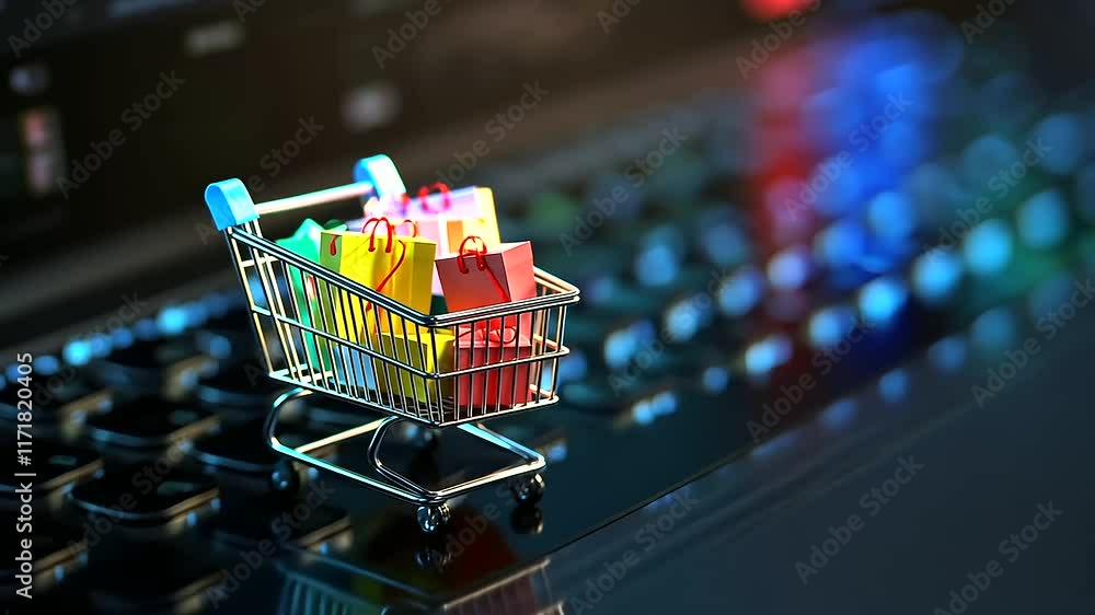 Poster a miniature shopping cart overflowing with colorful packages and boxes placed on an illuminated lapt