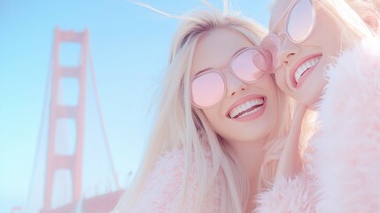 Smiling women enjoying a sunny day at the beach near Golden Gate Bridge in San Francisco