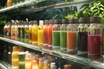 A stylish supermarket display stand featuring luxury bottled smoothies, cold-pressed juices, and premium wellness shots, neatly arranged on transparent glass shelves.