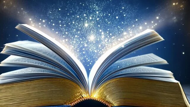 Inspiration Rises From the Pages of an Open Book With Magical Sparkles Emanating in a Dark Space