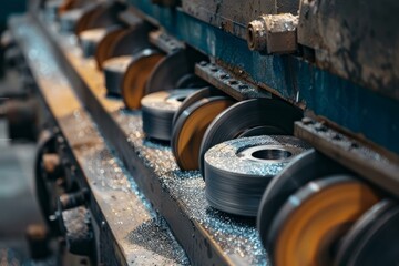 Steel wire coil being processed by a metalworking machine in a factory, showcasing industrial manufacturing