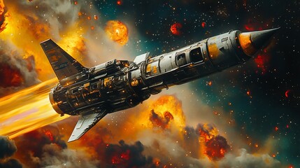 Retro rocket soaring through fiery nebula.