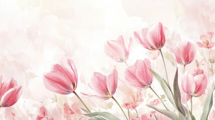Fototapeta premium Charming Pastel Pink Tulip Ensemble, Floral Frame on a Soft Background â€“ Ideal for Spring Celebrations and Mother's Day Greetings
