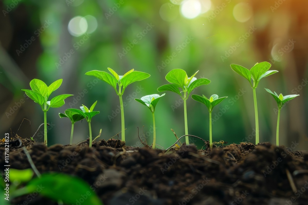 Poster seedlings are growing from dark soil with sunlight and bokeh in background