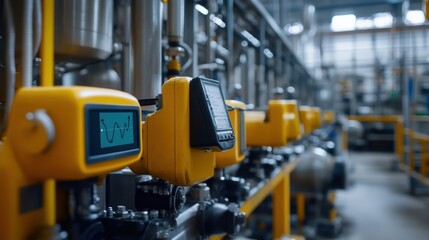 Fototapeta premium Control system monitors industrial production process, with digital display showing sine wave, ensuring efficient operation and quality control in modern manufacturing environment