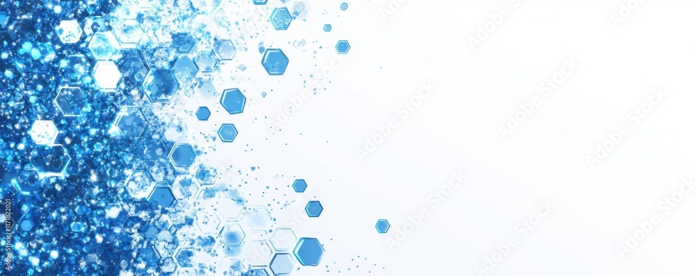 Poster abstract background with blue hexagons and circuit board elements on a white background, a technolog