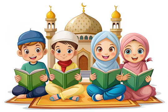 Happy Muslim children reading books in front of a mosque. (1) - Powered by Adobe