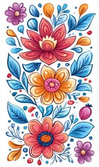 Vibrant Floral Illustration with Colorful Flowers and Leaves for Decorative Use and Inspiration