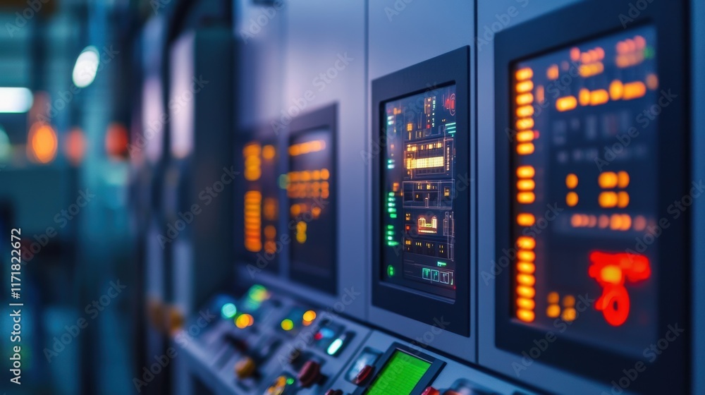 Poster complex control panel displaying diverse information and parameters, illuminating an industrial envi