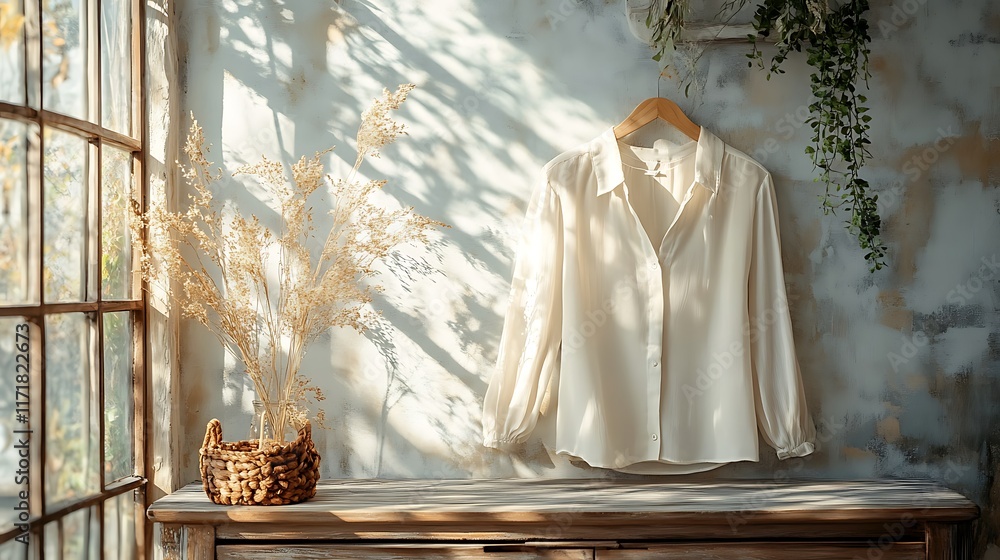 Poster a chic blouse displayed on a stylish backdrop with ample space for product description