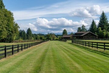 Obraz premium Tranquil Horse Ranch Scene with Pasture, House, and Fence in Picturesque Washington Landscape