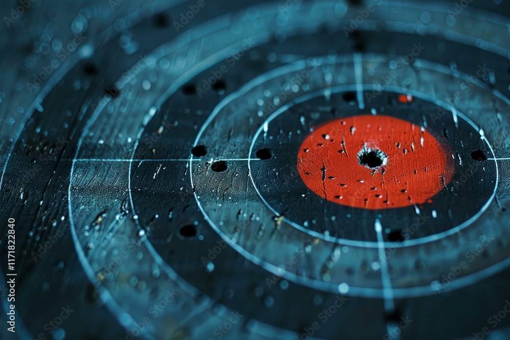 Poster close up of a used shooting target showing bullet holes and emphasizing the concept of accuracy