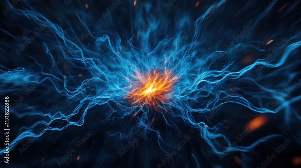 Poster dynamic energy burst with blue and orange lightning effect in abstract space background