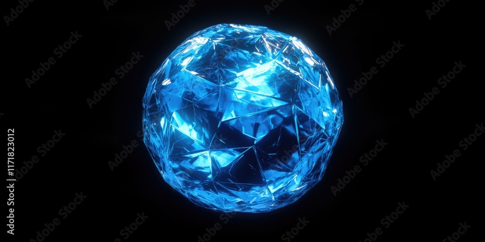 Poster illuminated azure polyhedral sphere: a glowing digital representation of the earth in a matrix unive