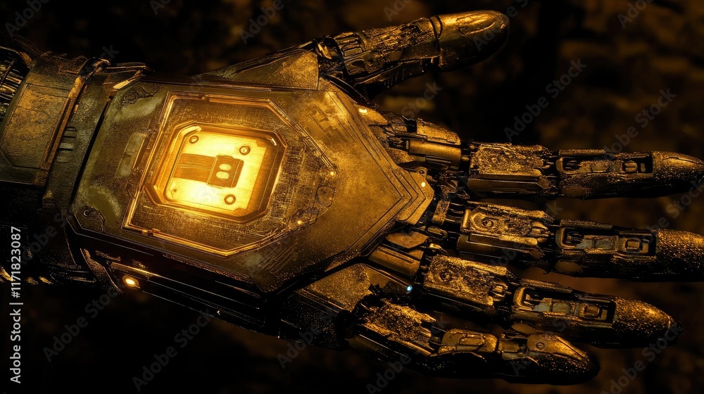 Poster robotic hand showcasing a metallic shield with an illuminated padlock, representing secure technolog