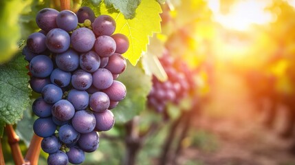 Fototapeta premium Rows of vineyard grapes catch the last rays of sunlight, glowing with deep colors of autumn.