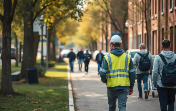 Worker pedestrian in reflective vest walking along a tree-lined street in a suburban area during daylight. Walk to work concept