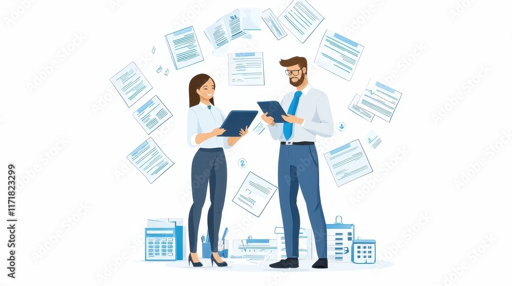 Poster tax advisor explaining submission details to client in professional office setting with documents fl