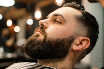 Barber styling beard of relaxed customer in barbershop