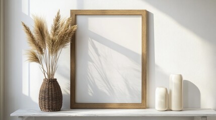 Minimalist Wooden Frame Display in Contemporary White Space: Perfect Template for Artwork or Poster Presentation