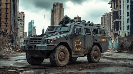 Fototapeta premium Armored vehicle in a post-apocalyptic city.