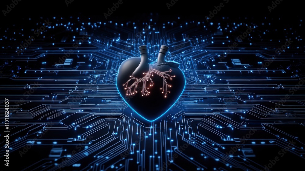 Poster heart with technological roots on circuit board background, illustrating connection of emotions and 
