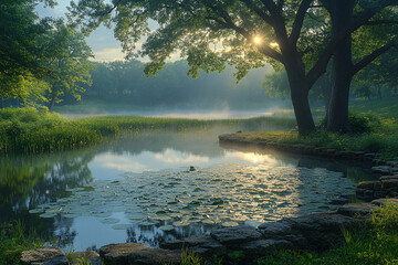 Fototapeta premium Serene Sunrise Over Misty Pond Lily Padded Waters