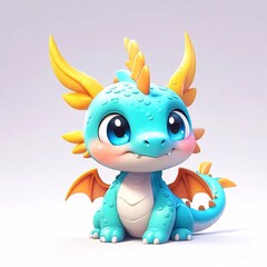 Three-dimensional cartoon character of a blue dragon child, with glitter on the skin, full length, on a white background