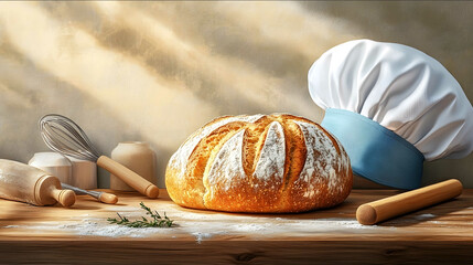 A professional pastry chef competition workbench featuring a single perfectly baked artisan bread with vibrant texture and artistic detail styled as an oil painting wit