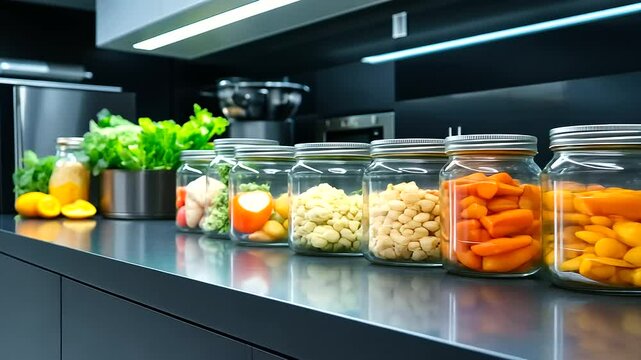 An elegant kitchen counter with neat rows of jars containing fermented carrots and cauliflower, labeled and arranged with leafy greens and citrus slices